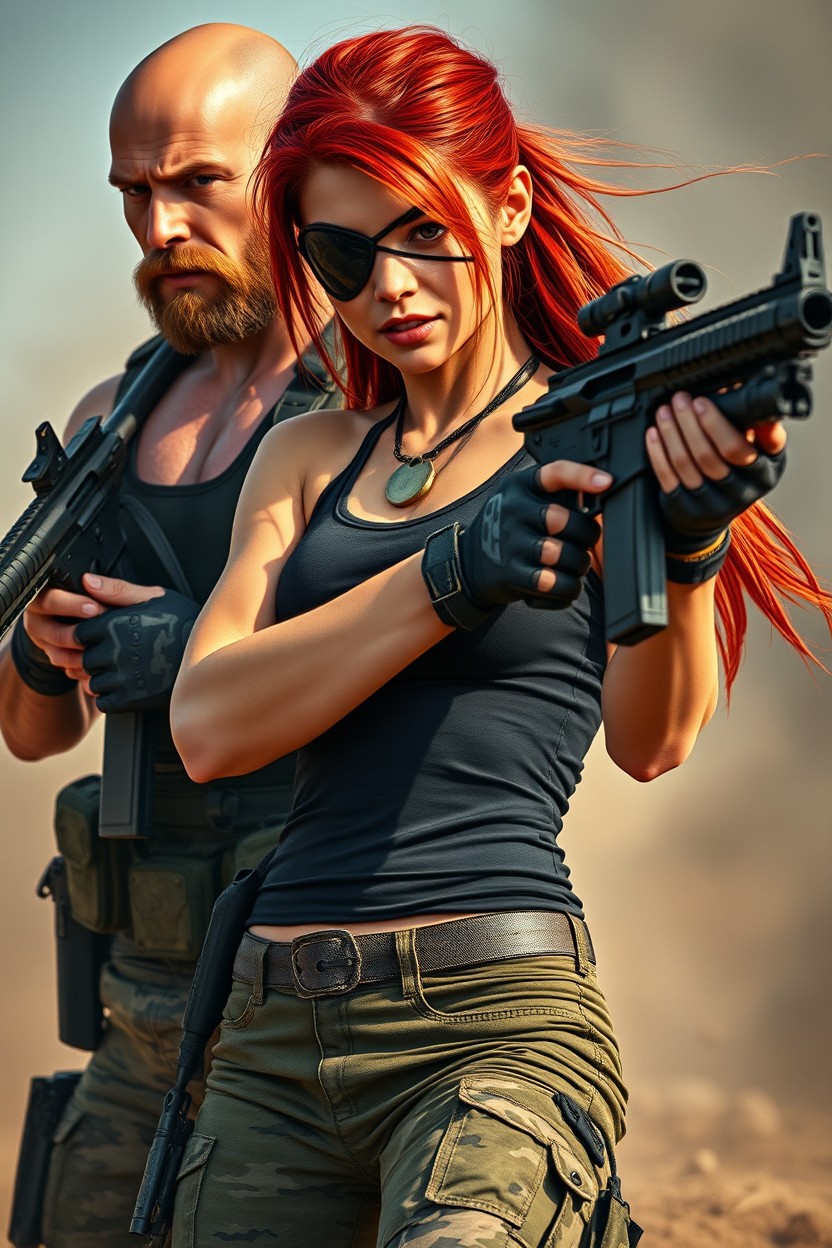 A hyper-realistic image featuring a beautiful 30-year-old woman with striking red hair, athletic physique, and very long loose hair