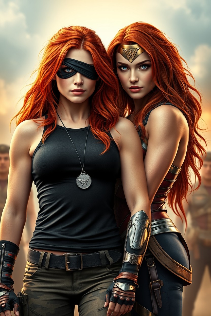 A hyper-realistic image showcasing a beautiful 30-year-old woman with striking red hair, athletic build, and very long loose hair