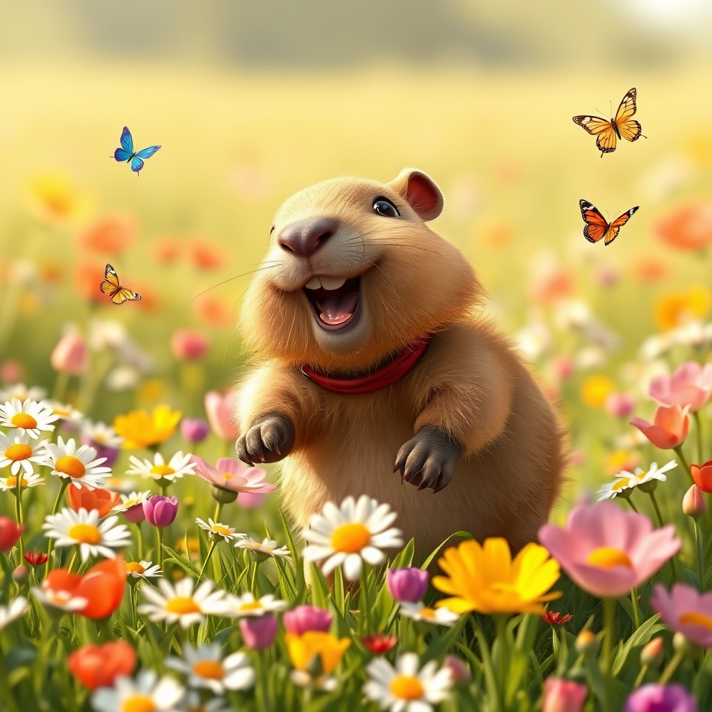 An adorable baby capybara joyfully playing in a vibrant field filled with colorful flowers
