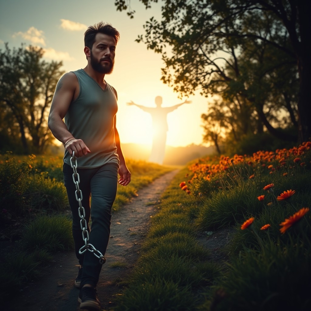 A man with chains on his feet walking along a path, with a radiant silhouette in the background