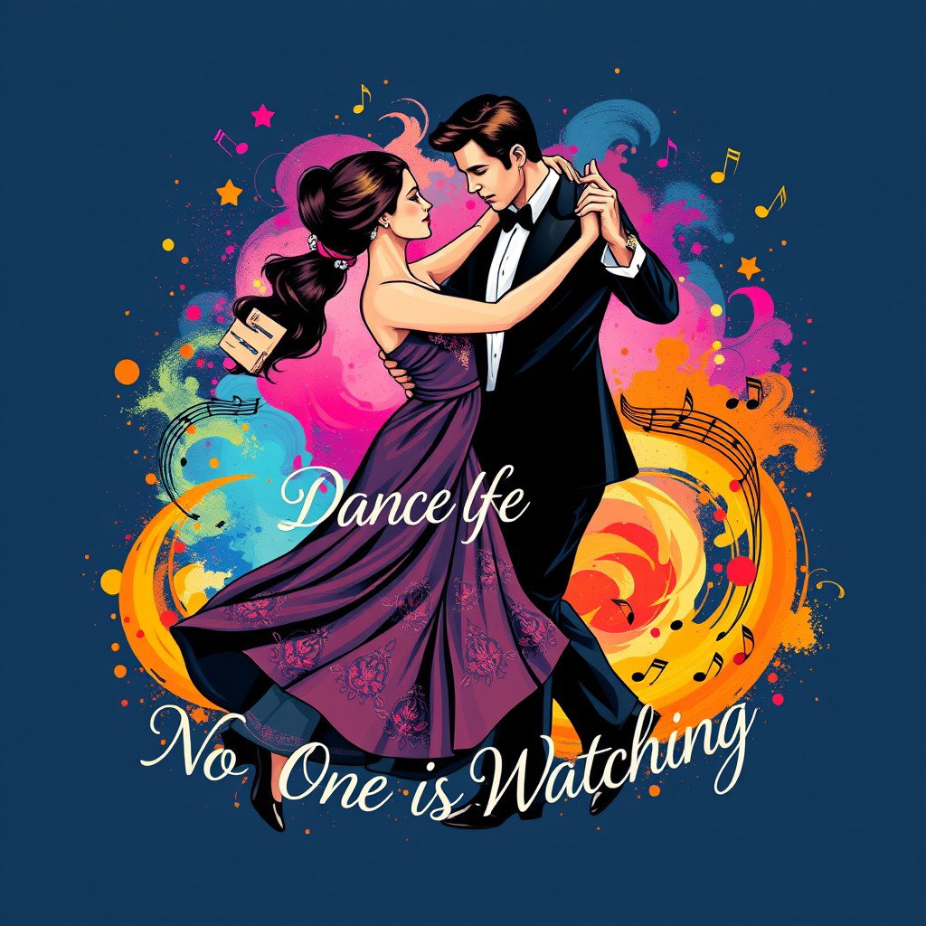 A vibrant and dynamic t-shirt design featuring a graceful ballroom dancing couple in a passionate embrace