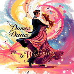 A vibrant and dynamic t-shirt design featuring a graceful ballroom dancing couple in a passionate embrace