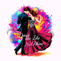 A vibrant and dynamic t-shirt design featuring a graceful ballroom dancing couple in a passionate embrace