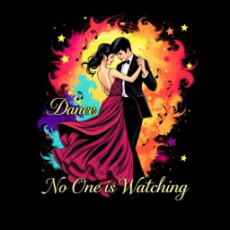 A vibrant and dynamic t-shirt design featuring a graceful ballroom dancing couple in a passionate embrace