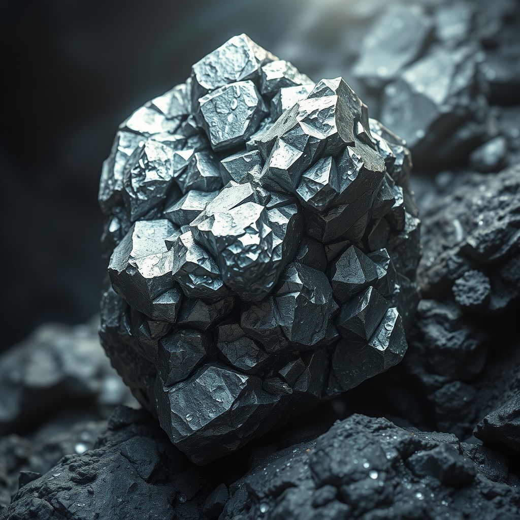 A detailed and realistic depiction of mithril ore, showcasing its shimmering metallic luster and unique crystalline structure