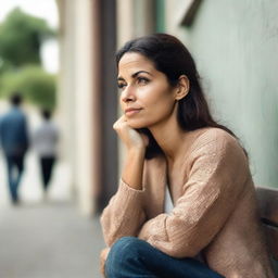 A woman calmly waiting outside, evidently anticipating someone's arrival.