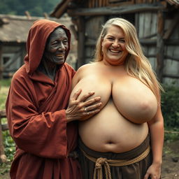 In a medieval village, an elderly African woman, around 40 years old with a malnourished appearance and decayed teeth, is dressed in a long, closed Buddhist robe with a hood