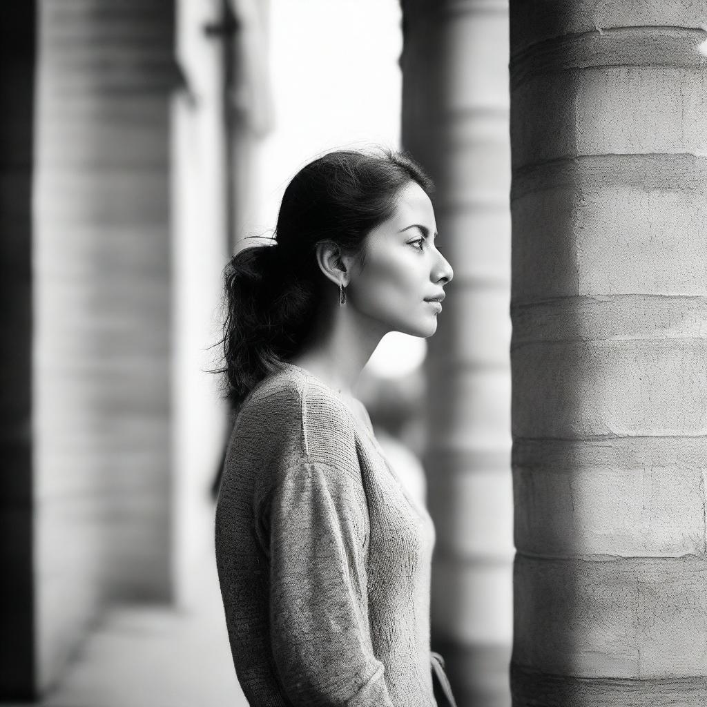 A woman calmly waiting outside, evidently anticipating someone's arrival.