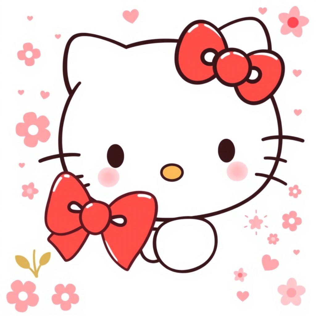 A lovely illustration of Hello Kitty, showcasing her iconic character with a big red bow, simple facial features, and her signature white cat appearance