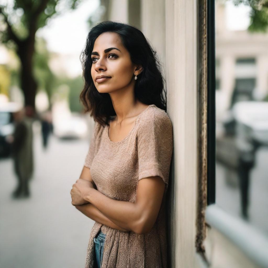 A woman calmly waiting outside, evidently anticipating someone's arrival.