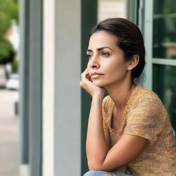 A woman calmly waiting outside, evidently anticipating someone's arrival.