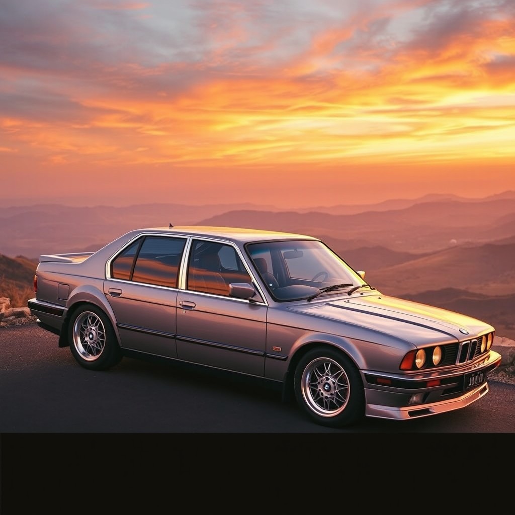 A stunning BMW E34, a classic 5-series sedan, parked elegantly on a scenic overlook during sunset