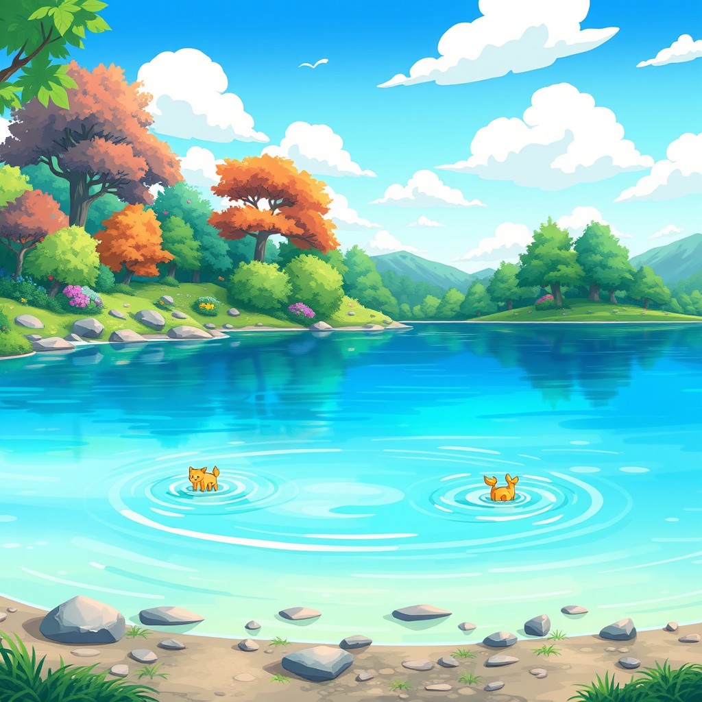 A serene lake scene illustrated in a colorful, cartoonish style reminiscent of Pokémon, but without any Pokémon characters