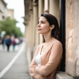 A woman calmly waiting outside, evidently anticipating someone's arrival.