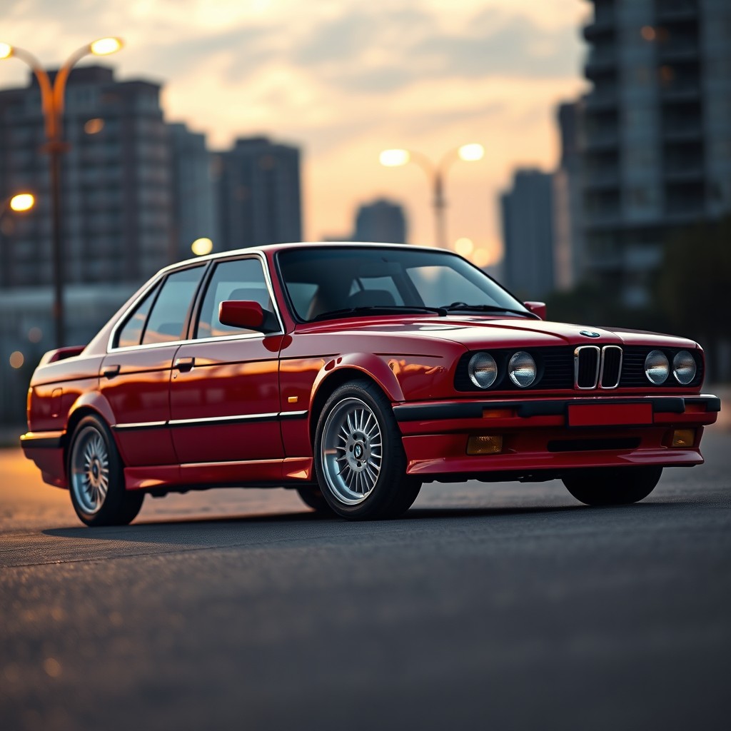 A pristine BMW E34, parked elegantly under the soft glow of street lights during twilight, showcasing its classic lines and sleek design