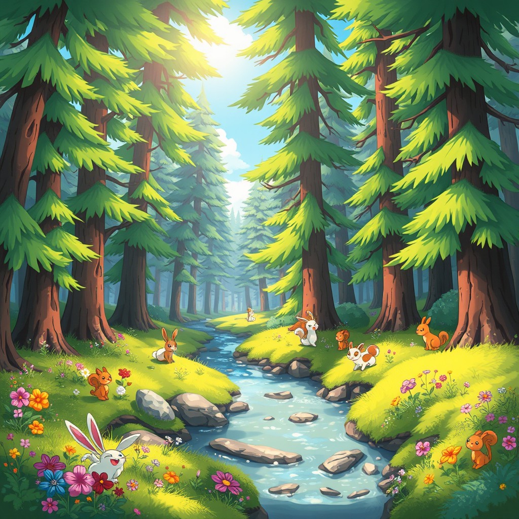 A beautiful forest scene illustrated in a colorful, cartoonish style reminiscent of Pokémon, but without any Pokémon characters