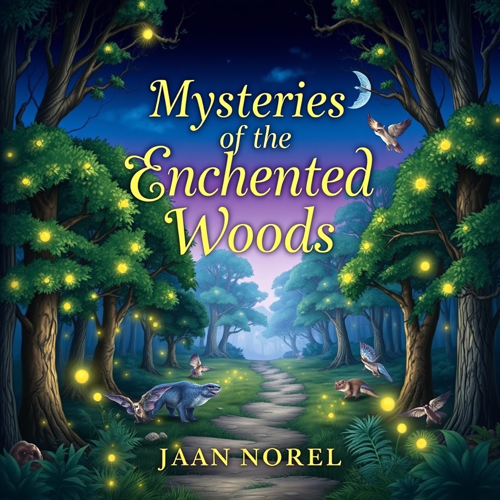 A beautifully designed book cover for a novel, featuring an enchanting forest scene at twilight
