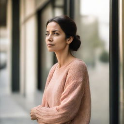 A woman calmly waiting outside, evidently anticipating someone's arrival.