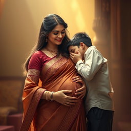 A romantic scene depicting a 30-year-old woman wearing an elegant saree, rich in detail and color