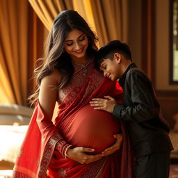 A romantic scene depicting a 30-year-old woman wearing an elegant saree, rich in detail and color