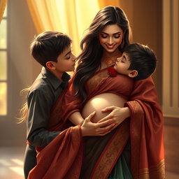 A romantic scene depicting a 30-year-old woman wearing an elegant saree, rich in detail and color