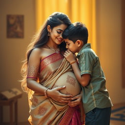 A romantic scene depicting a 30-year-old woman wearing an elegant saree, rich in detail and color