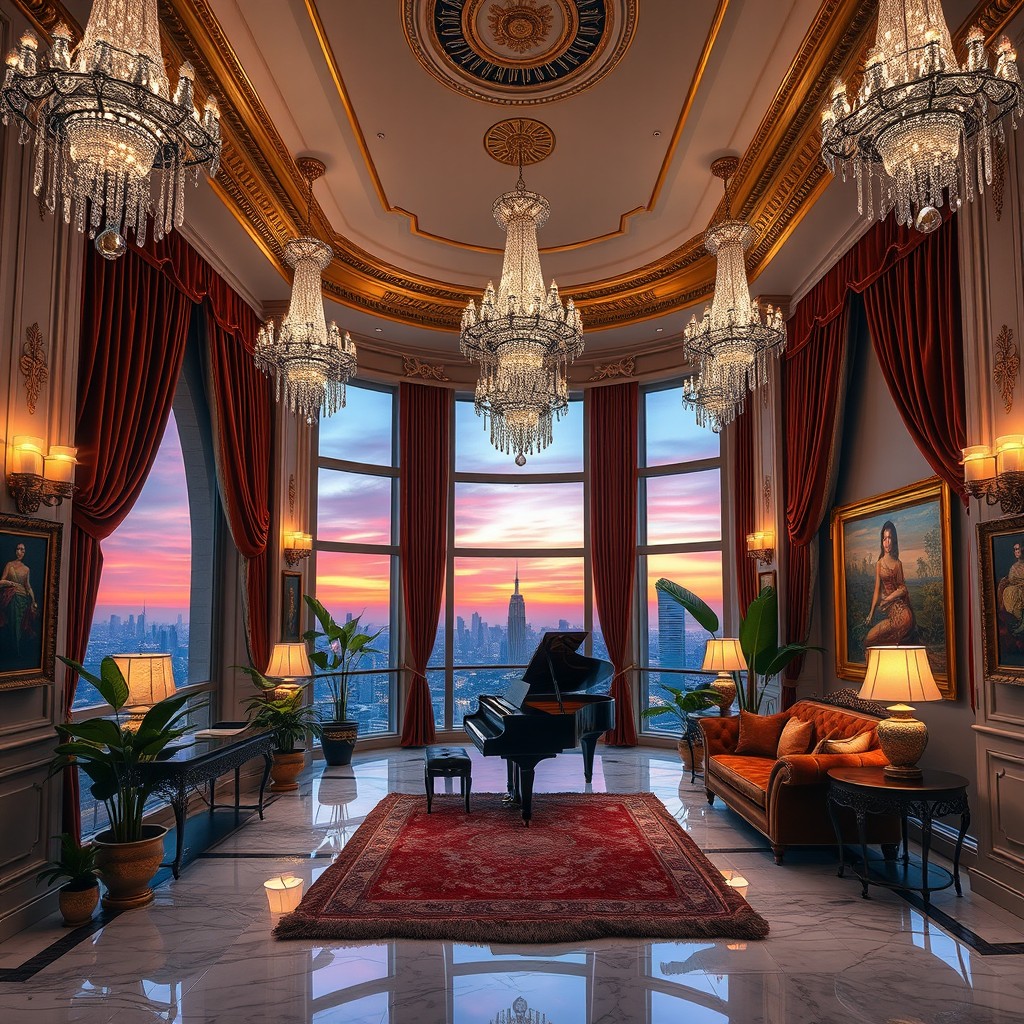 A luxurious and elegant space interior, featuring high ceilings adorned with stunning crystal chandeliers