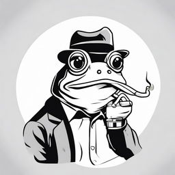 A high contrast, black and white vector-style illustration of a frog smoking a cigarette on a white background. Maintain a simple, flat design and line art style without any use of colors.