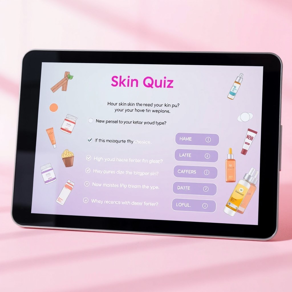 A beautifully designed skin quiz layout displayed on a tablet screen with a vibrant background