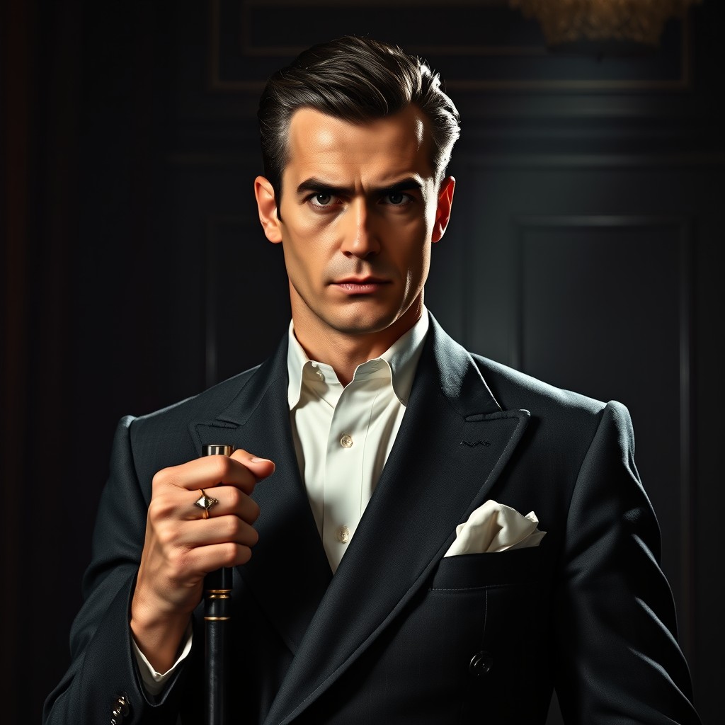 A noir-style portrait of a tall and imposing man, Barron Bon Ritcher, standing at about 6’1”