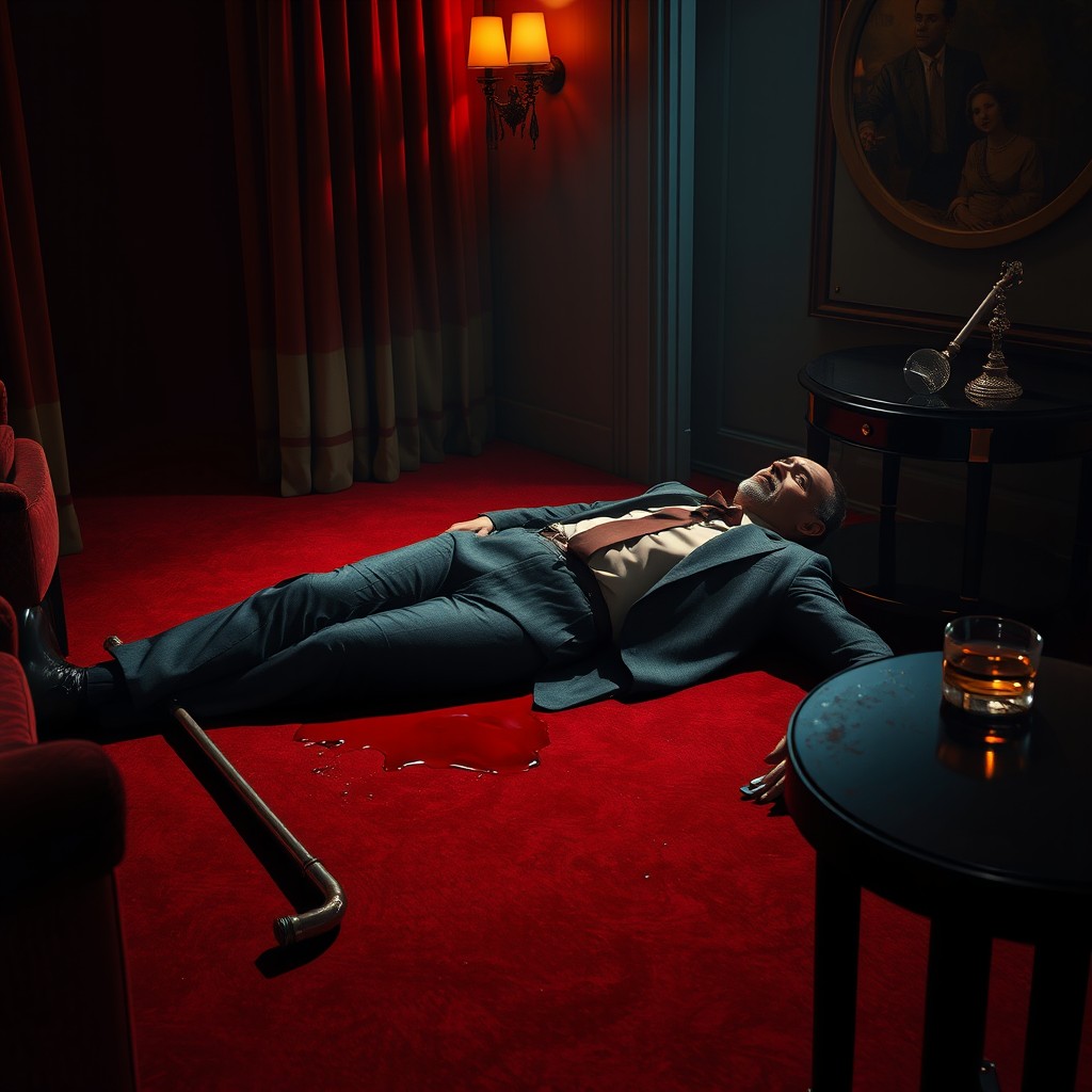 A dramatic noir scene depicting the body of Barron Bon Ritcher found murdered in a luxurious hotel room