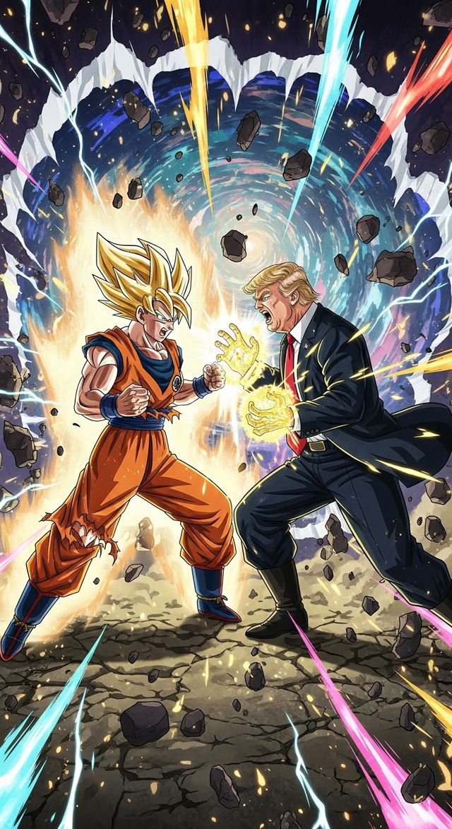 An epic illustration featuring Goku, the iconic anime character from Dragon Ball, in an intense battle against Donald Trump