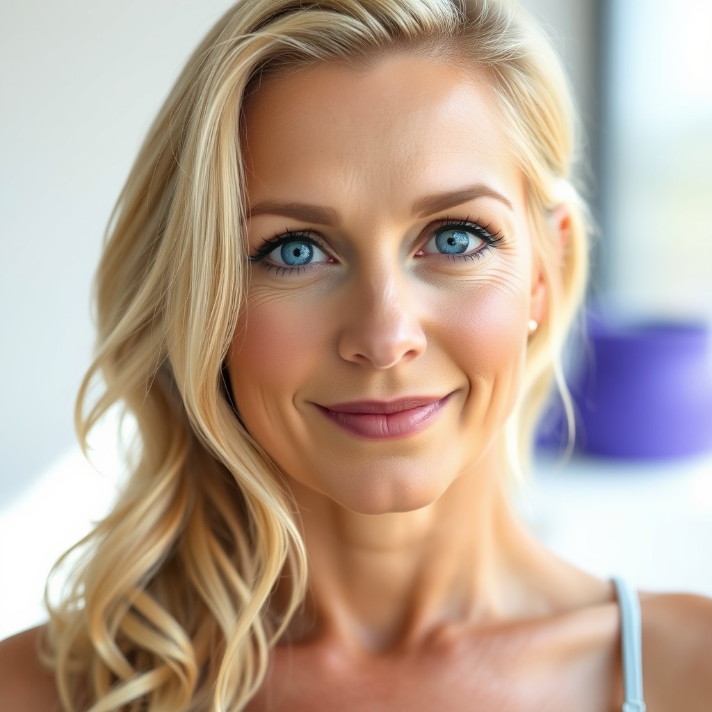 A portrait of a youthful looking 53-year-old woman, standing at 5'4" with a light, sun-kissed complexion