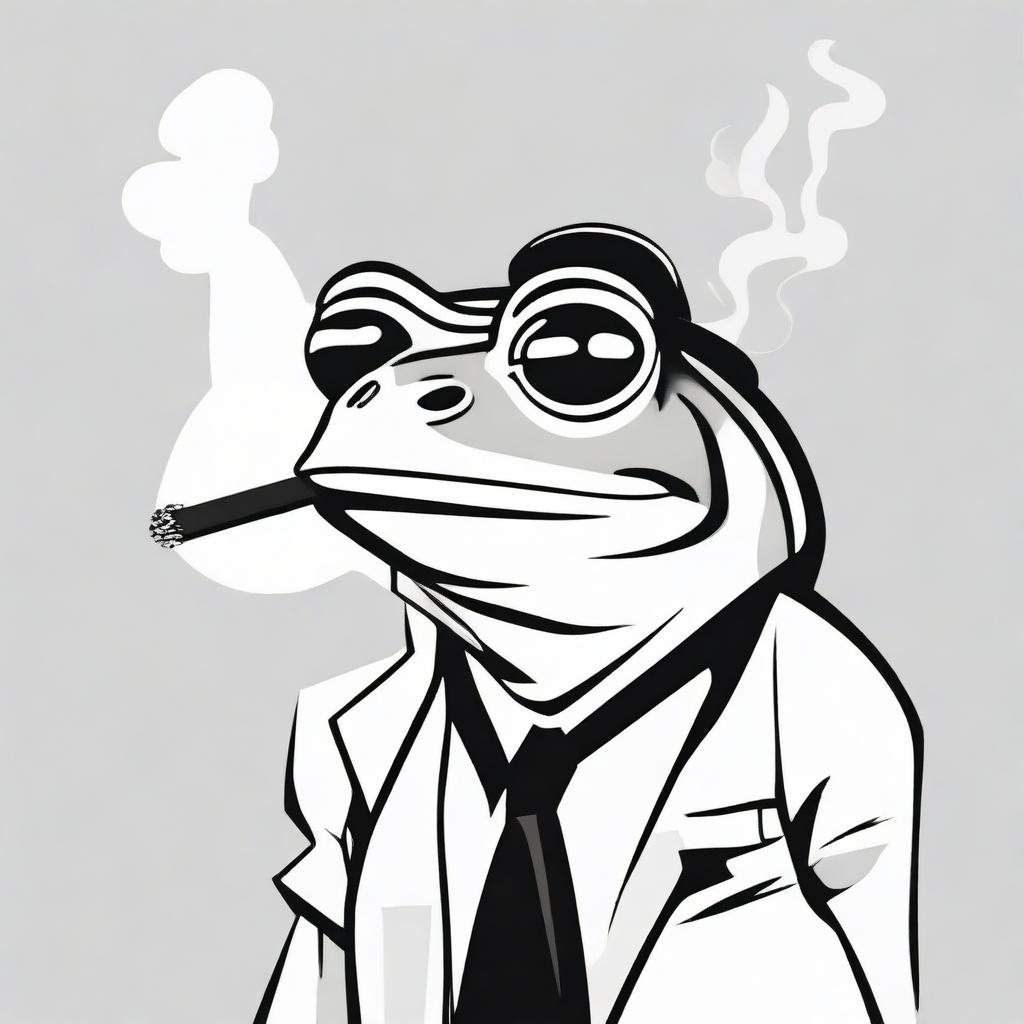 A high contrast, black and white vector-style illustration of a frog smoking a cigarette on a white background. Maintain a simple, flat design and line art style without any use of colors.