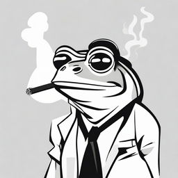 A high contrast, black and white vector-style illustration of a frog smoking a cigarette on a white background. Maintain a simple, flat design and line art style without any use of colors.