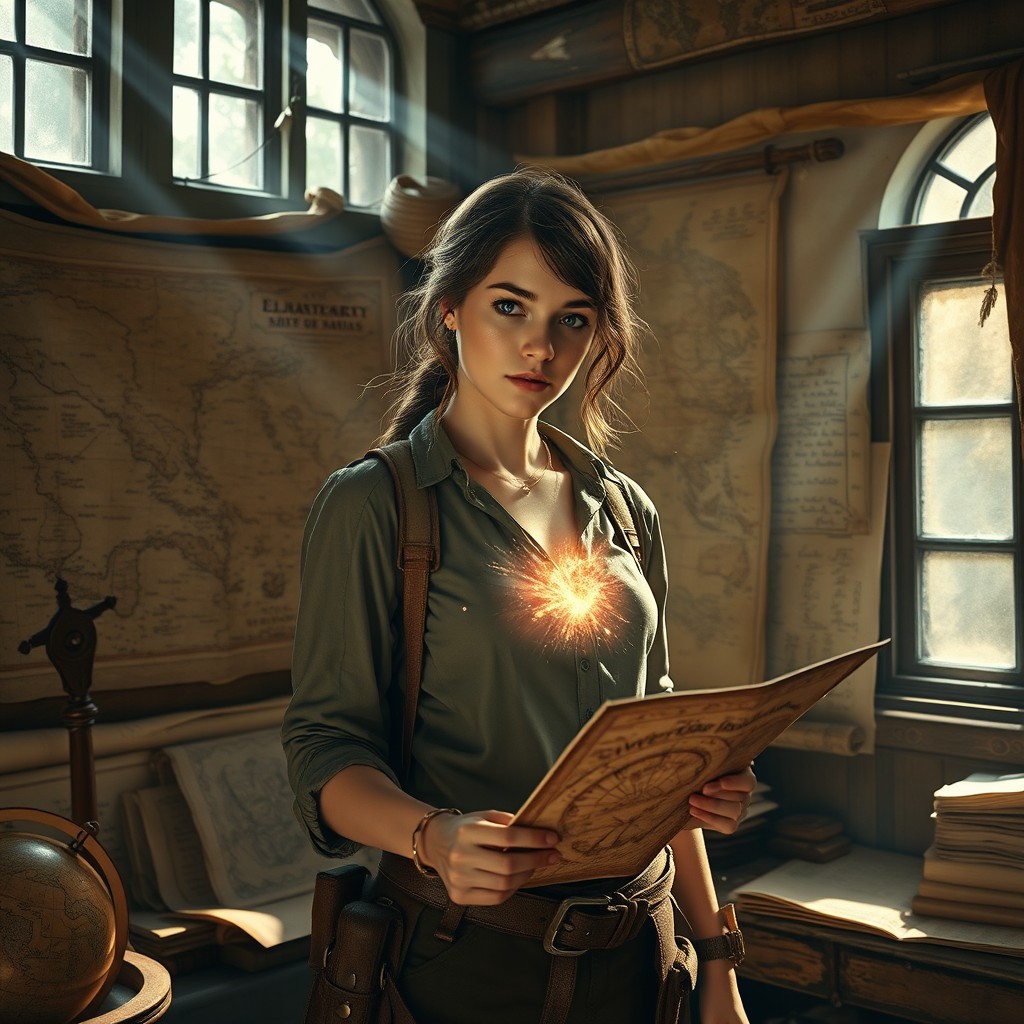 A young female cartographer, dressed in rugged explorer attire, stands in a dimly lit room surrounded by ancient, tattered maps hanging on the walls