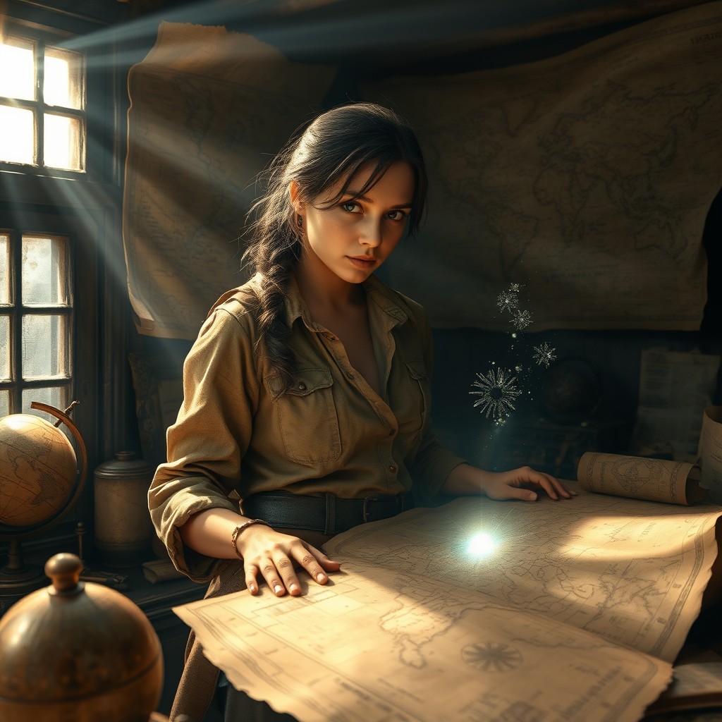 The Echo of the Lost City: A young female cartographer, dressed in rugged explorer attire, stands in a dimly lit room surrounded by ancient, tattered maps hanging on the walls