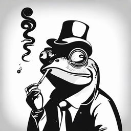 A high contrast, black and white vector-style illustration of a frog smoking a cigarette on a white background. Maintain a simple, flat design and line art style without any use of colors.