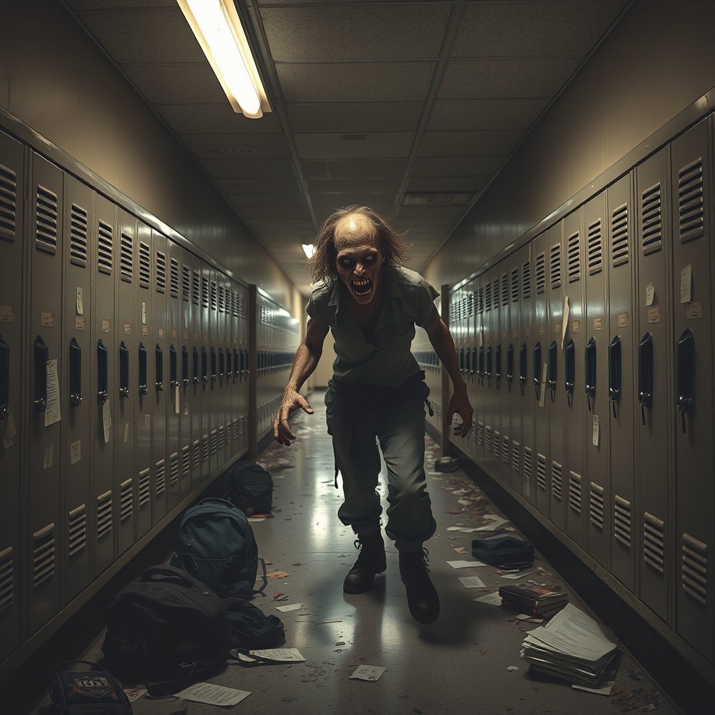 A captivating scene of a zombie stumbling through a dimly lit school hallway