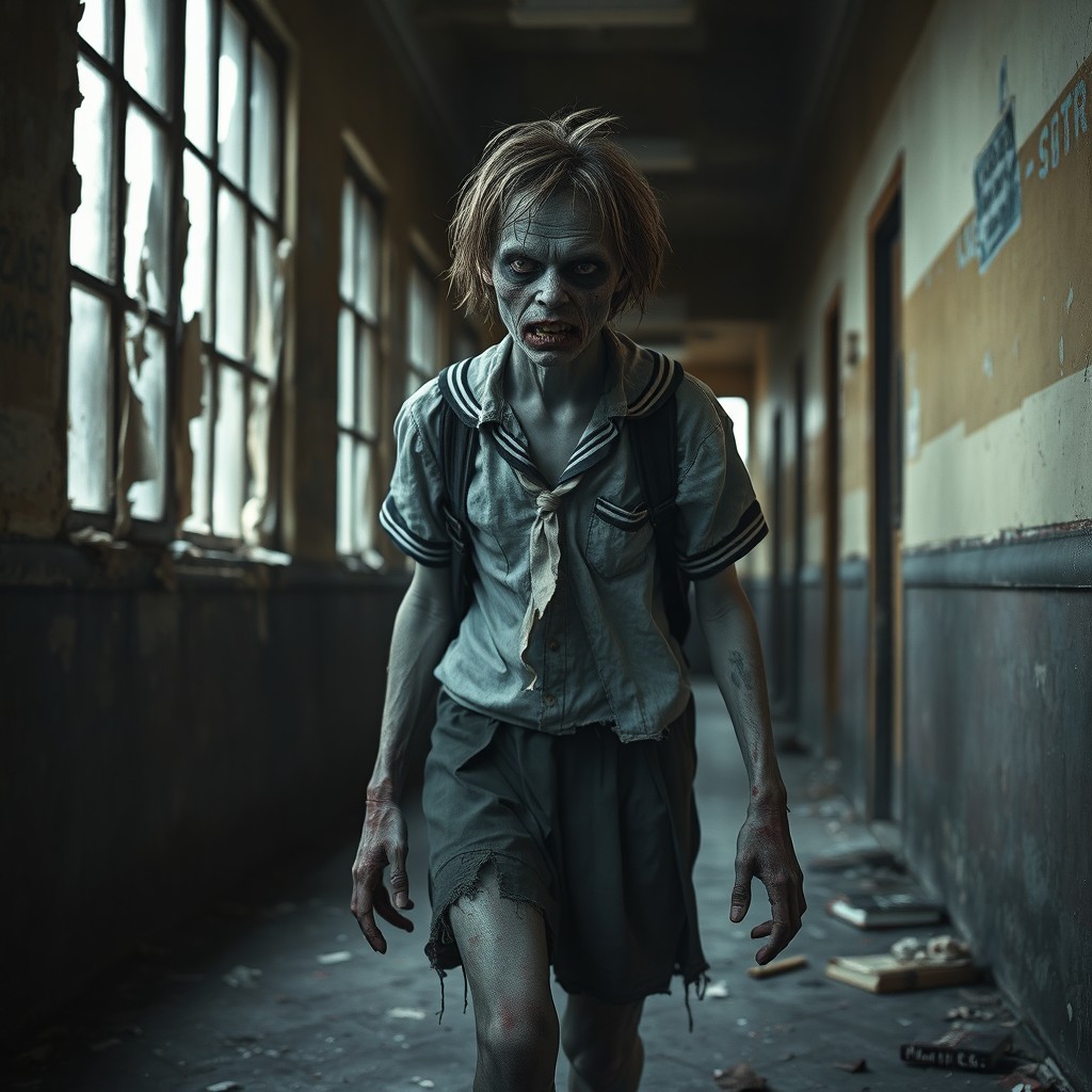 A zombie in a tattered school uniform wandering in a dimly lit hallway of an abandoned school