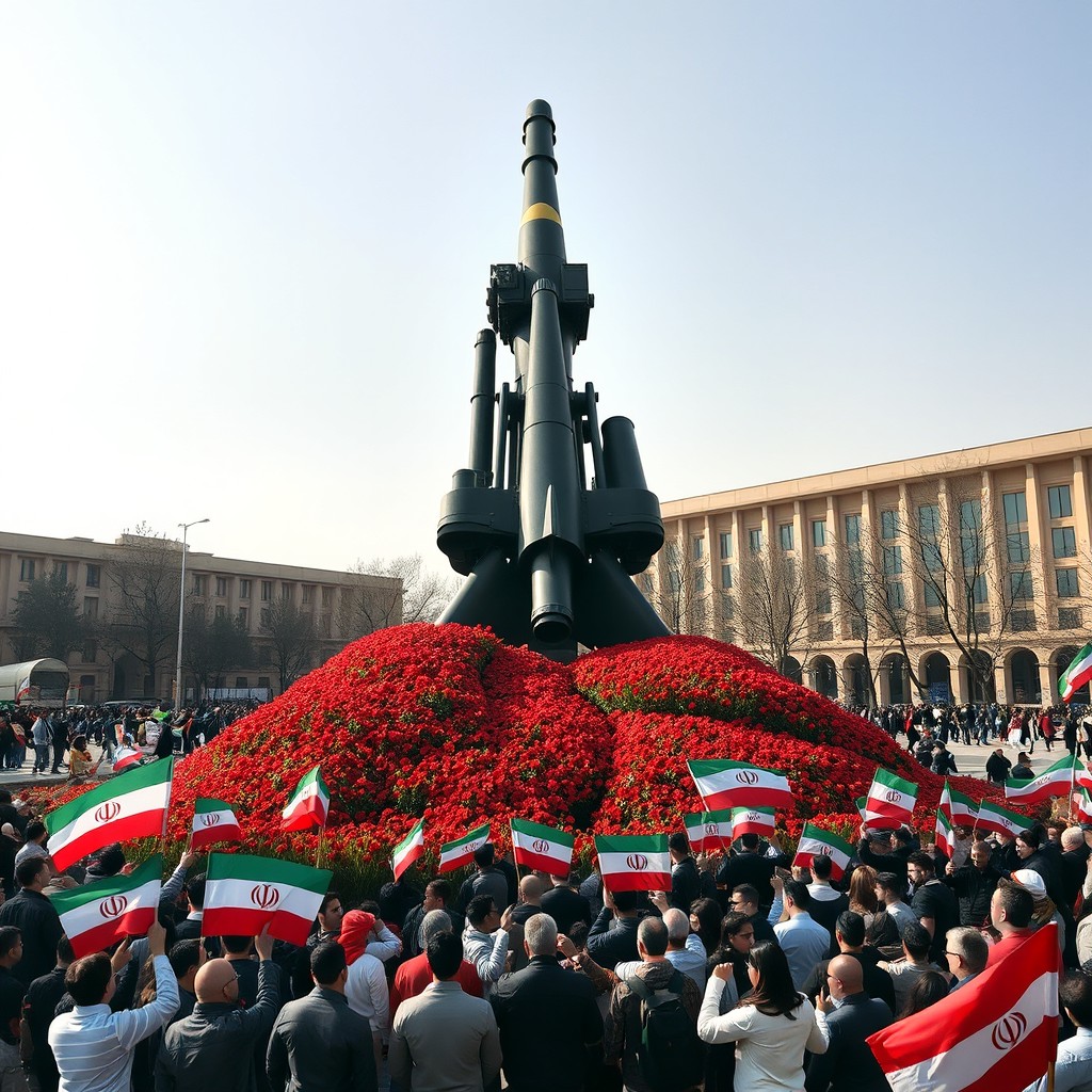 A large war weapon towering over a city square, designed to be the size of a building, prominently positioned in the center of Tehran