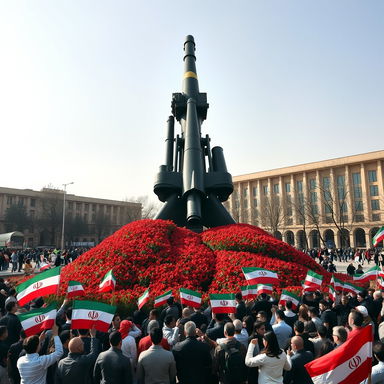 A large war weapon towering over a city square, designed to be the size of a building, prominently positioned in the center of Tehran