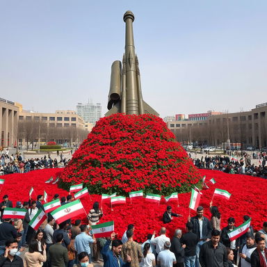 A large war weapon towering over a city square, designed to be the size of a building, prominently positioned in the center of Tehran