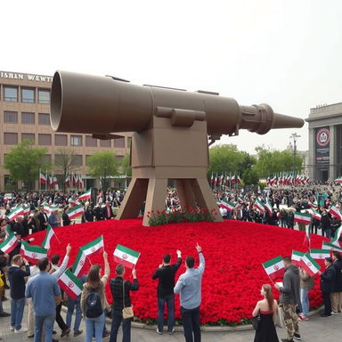 A large war weapon towering over a city square, designed to be the size of a building, prominently positioned in the center of Tehran