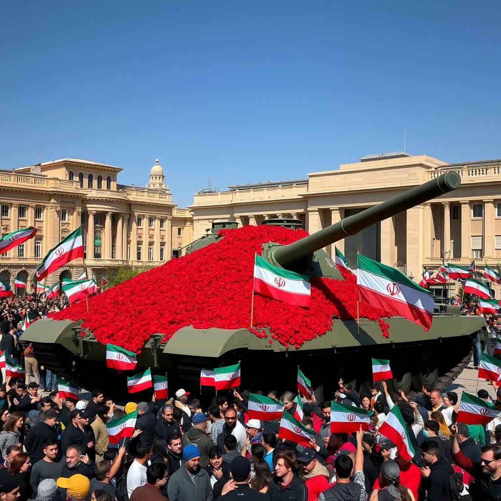 A large war tank the size of a building prominently situated in the middle of Tehran's city square, surrounded by vibrant red flowers spilling from the tank