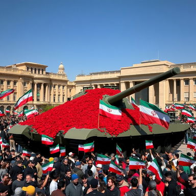 A large war tank the size of a building prominently situated in the middle of Tehran's city square, surrounded by vibrant red flowers spilling from the tank