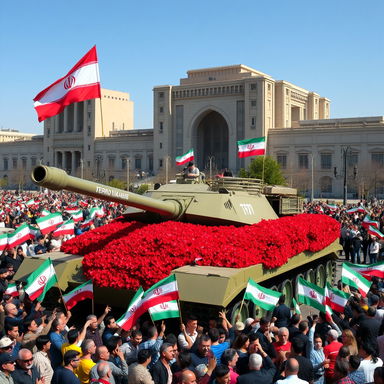 A large war tank the size of a building prominently situated in the middle of Tehran's city square, surrounded by vibrant red flowers spilling from the tank