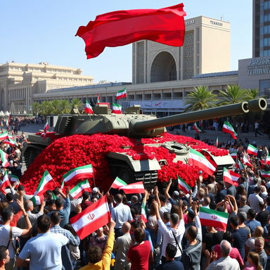 A large war tank the size of a building prominently situated in the middle of Tehran's city square, surrounded by vibrant red flowers spilling from the tank