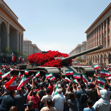 A large war tank the size of a building prominently situated in the middle of Tehran's city square, surrounded by vibrant red flowers spilling from the tank