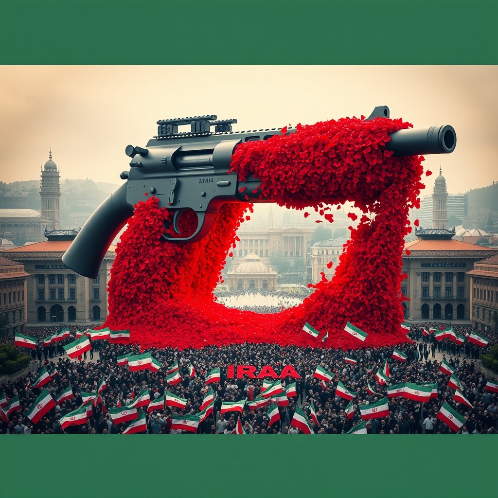 A striking, surreal scene of a gigantic gun the size of a building dominating Tehran's city square, surrounded by an array of vibrant red flowers flowing from its openings, creating a stark contrast against the urban landscape